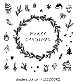 Hand drawn Christmas wreath and elements