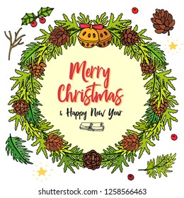 Hand drawn christmas wreath isolated on a white background. Vector illustrations of X-mas and New Year decorations.