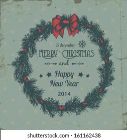 Hand - drawn Christmas wreath made of fir branches and holly berries tied with red bow on grunge patterned background with stars