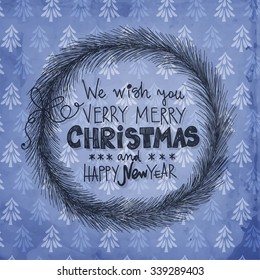 Hand - drawn Christmas wreath made of fir branches and tied with  bow on patterned background with fir trees. Vector illustration contains gradient meshes.