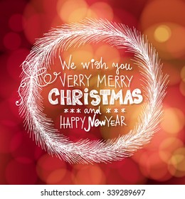 Hand - drawn Christmas wreath made of fir branches and tied with  bow on red bokeh background. Vector illustration contains gradient meshes.