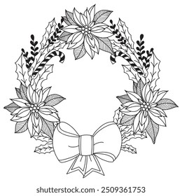 Hand drawn Christmas wreath with poinsettia flowers, candy canes and bow. Design element for holiday cards. Vector illustration