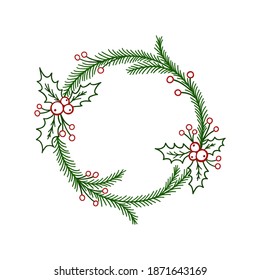 Hand drawn christmas wreath with red berries and fir branches. Round frame for holiday cards and winter design. Doodle vector illustration isolated on white backgroung.