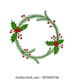 Hand drawn christmas wreath with red berries, green leaves and fir branches. Circle frame for holiday cards and winter design. Doodle vector illustration isolated on white backgroung.