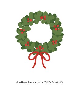 Hand drawn Christmas wreath with red ribbon