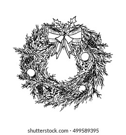 Hand drawn christmas wreath. Sketch. Vector illustration.