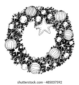 Hand drawn christmas wreath with stars, balls, citrus and needles