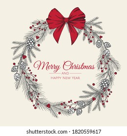 Hand drawn Christmas wreath of tree with red bow. Vector holiday illustration.