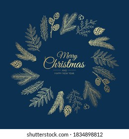 Hand drawn Christmas wreath. Vector holiday illustration.