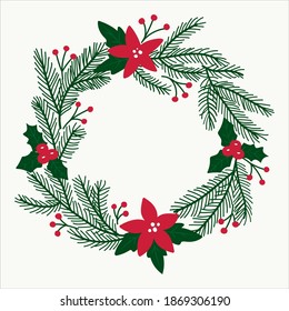 Ilustración del vector de la corona de Navidad dibujado a mano. Marco de forma redonda con Poinsettia y Holly. Aislado en fondo blanco, ideal para tarjeta, invitación, afiche.