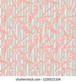 Hand Drawn Christmas or Xmas Sweets Seamless Pattern for Holiday Scrapbooking or Gift Wrapping Papers. Xmas Texture with Pepprmint Candy Cane Stick with Bow for 2019 New year