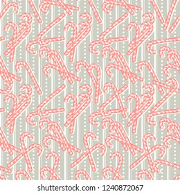 Hand Drawn Christmas or Xmas Sweets Seamless Pattern for Holiday Scrapbooking or Gift Wrapping Papers. Xmas Texture with Pepprmint Candy Cane Stick with Bow for 2019 New year