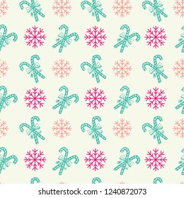 Hand Drawn Christmas or Xmas Sweets Seamless Pattern for Holiday Scrapbooking or Gift Wrapping Papers. Xmas Texture with Pepprmint Candy Cane Stick with Bow, Snowflakes for 2019 New year