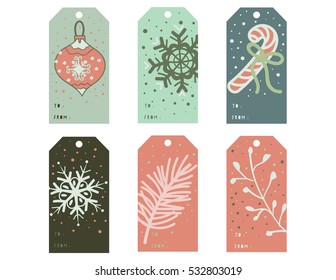 Hand Drawn of Christmas,Gift Tags.Foliage,Poinsettia,pines,Berries on the gift tags.