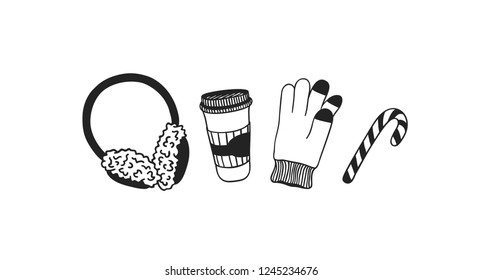Hand drawn Christmasset for warm on white background. Creative ink art work. Actual vector doodle drawing