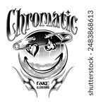 hand drawn chrome look custom typography features a happy face pierced by a safety pin with a broken heart, blending grunge and punk aesthetics designed for t shirt printing