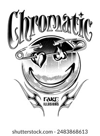 hand drawn chrome look custom typography features a happy face pierced by a safety pin with a broken heart, blending grunge and punk aesthetics designed for t shirt printing