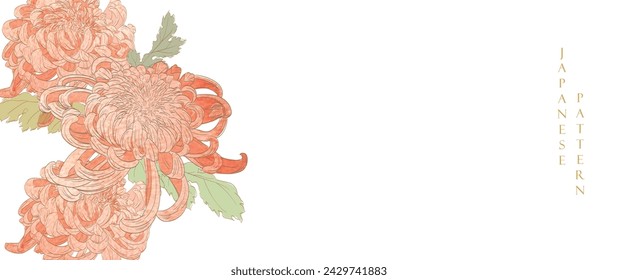 Hand drawn Chrysanthemum flower pattern vector. Natural decoration with logo design, flyer, banner or presentation in vintage style. Pink and green watercolor texture.