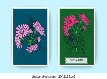 Hand drawn Chrysanthemum flowers greeting card, artistic vector illustration. Botanical wedding ornament. Petals painted in pink. Floral trendy pattern background graphic design. Green, blue colors