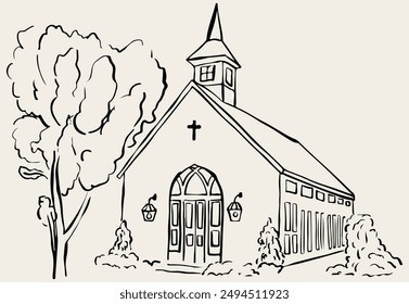 Hand drawn church illustration. Chapel for wedding invitation, stationery or branding. Wedding venue. Vector