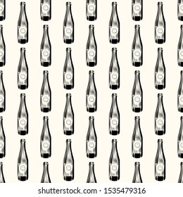 Hand drawn cider bottle seamless pattern. Craft beer bottle wallpaper. Vintage engraved style. Vector illustration