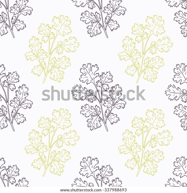 Hand drawn cilantro branch
stylized black and green seamless pattern. Doodle drawing spicy
herbs. Kitchen background. Hand drawn seasoning. Vector
illustration