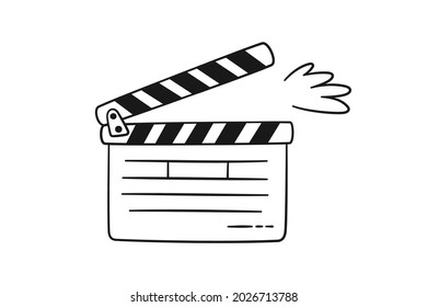 Hand drawn cinema clapper board. Movie clapperboard for film production. Vector illustration isolated in doodle style on white background. Black and while.