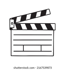 Hand drawn cinema clapperboard doodle. Movie element in sketch style. Vector illustration isolated on white background.