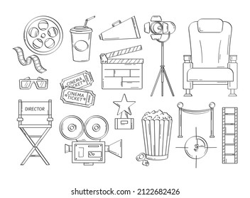 Hand drawn cinema elements. Vector set of line movie icon with popcorn, clapperboard, glasses, tickets, chair, reel, video camera, megaphone. Cartoon Illustration for film industry, cinematography