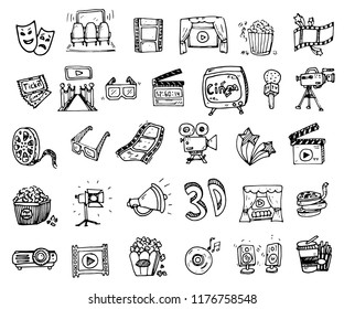 Hand drawn cinema and entertainment arts set doodle icon. Hand drawn black sketch. Sign cartoon symbol. Decoration element. White background. Isolated. Flat design. Vector illustration.