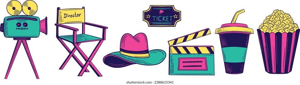 cine dibujado a mano, ilustración vectorial de la colección de elementos de película