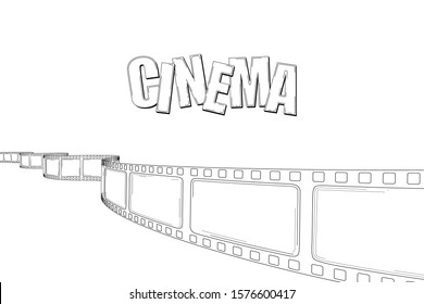 Hand drawn cinema film strip with text. Sketch frame film roll for festival, poster, flyer, banner. Cinematography arts hand drawn decorative film strip frame. Retro photo film. Vector doodle style.