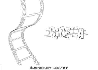 Hand drawn cinema film strip with text. Sketch frame film roll for festival, poster, flyer, banner. Cinematography arts hand drawn decorative film strip frame. Retro photo film. Vector doodle style.