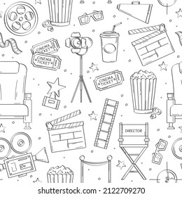 Hand drawn cinema pattern. Vector seamless pattern with movie elements, line icons, popcorn, tickets, chair, reel, video camera, megaphone. Cartoon Illustration for film industry, cinematography