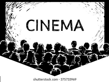 Hand drawn cinema screen with audience in the screen light. Perfect for adding your picture and text. 