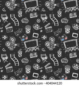 Hand drawn cinema seamless pattern. Doodle chalk drawing background