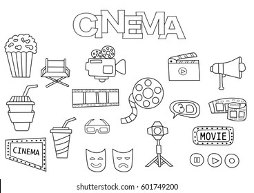 Hand drawn cinema set. Coloring book template.  Outline doodle elements vector illustration. Kids game page