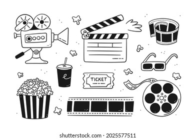 Hand drawn cinema set with movie camera, clapper board, cinema reel and tape, popcorn in striped box, film ticket and 3d glasses. Vector illustration isolated in doodle style on white background.