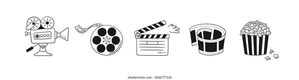 Hand drawn cinema set with movie camera, clapper board, cinema reel and tape, popcorn in striped box. Vector illustration isolated in doodle style on white background.