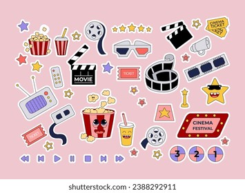 Hand drawn cinema stickers collection. Mascot objects in trendy retro style.  Popcorn character, film, ticket, 3d glasses. Cartoon 2000s y2k illustration. Vector