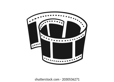 Hand drawn cinema tape. Film stripe in doodle style. Vector illustration isolated on white background. Black and while.