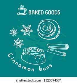 Hand drawn cinnamon buns isolated on blue background. Baked goods. Doodle style. Design element for cafe menu, leaflets, stickers or magnets. Vector illustration.