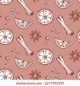 Hand drawn Cinnamon, carnation, anise and orange background. Mulled wine or bakery ingredients and Spices seamless pattern. Vector kitchen background for menu design, textile, fabric, wrapping paper