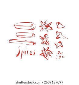 Hand drawn cinnamon cloves and star anise in red tones with modern botanical style for food packaging or spice themed illustrations