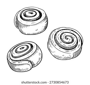 Mão desenhada de rolos de canela um fundo branco pastelaria doce