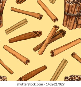 Hand drawn Cinnamon seamless pattern. Vintage cinnamon sticks pattern. Stylish colorful vector illustration. Exotic spice. Endless texture. Botanical background