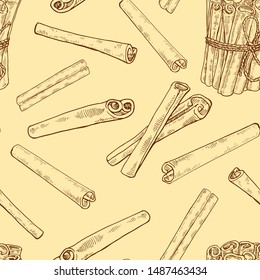 Hand drawn Cinnamon seamless pattern. Vintage cinnamon sticks pattern. Stylish monochrome vector illustration. Exotic spice. Endless texture. Botanical background