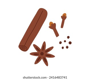 Hand drawn cinnamon stick, star anise and cloves in cute flat style, vector illustration isolated on white background. Aromatic autumn and winter spices. 