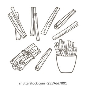 Hand drawn cinnamon sticks set