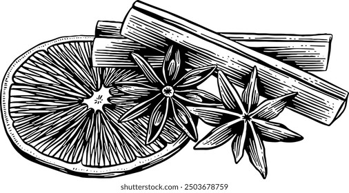 Palillos de canela dibujados a mano con anís estrellado y rebanada de naranja seca ilustración de boceto